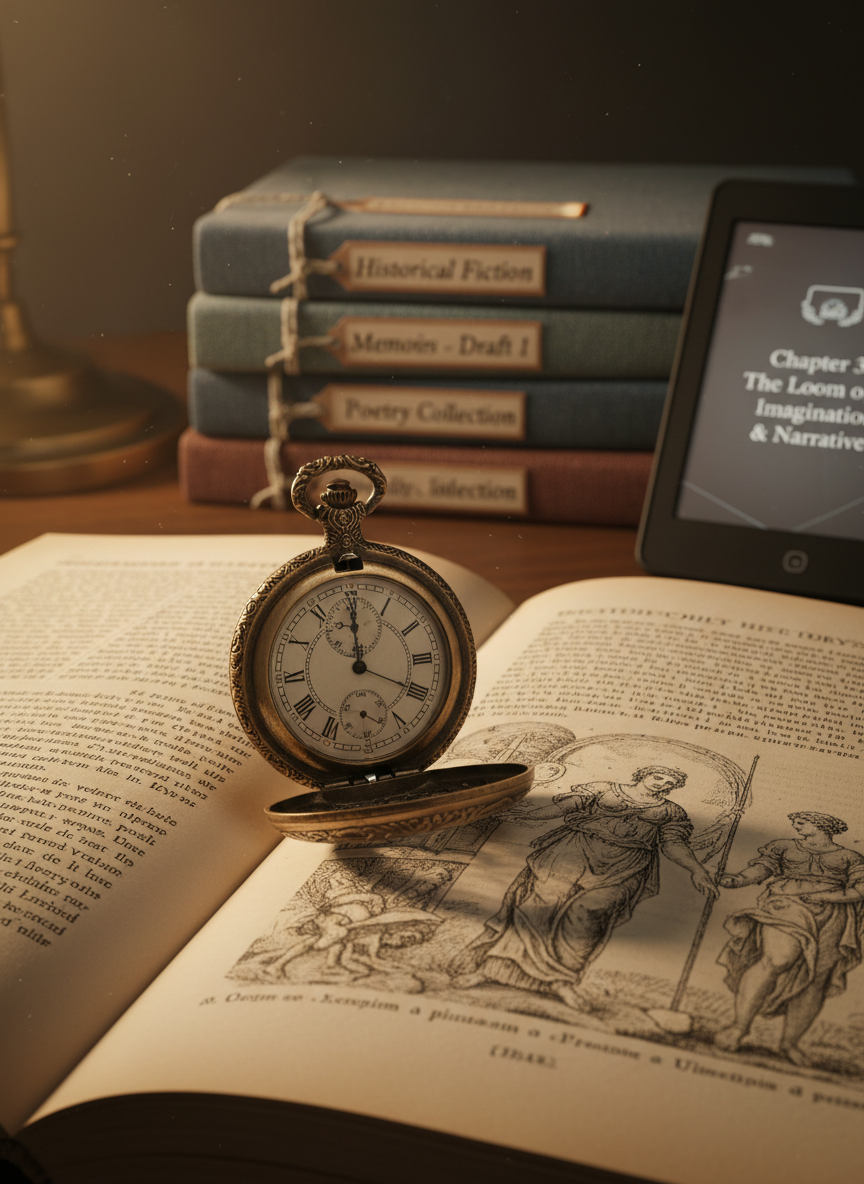 A close-up of a vintage brass pocket watch resting on an open history book, the Latin text and delicate illustrations partially visible beneath. Behind it, slightly out of focus, lie several stacked notebooks labelled with small, tidy tags for different writing projects, and an e-reader showing a chapter heading about imagination and narrative. Warm, directional side light from a desk lamp creates striking highlights on the metal watch and crisp shadows across the page, evoking the passage of time. The atmosphere is reflective and reverent, hinting at the weaving together of past and present. Photographic realism, with a shallow depth of field and tight framing that emphasizes fine textures in paper, metal, and ink.