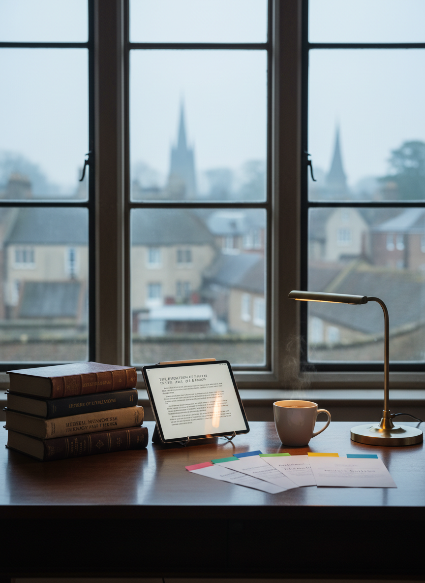 An orderly writing workspace featuring a large wooden table set before a tall, mullioned window that looks out on an indistinct historic townscape with church spires and old rooftops. On the table sit neatly stacked research books on history and faith, a tablet displaying a draft essay, and printed blog posts marked with colored tabs. A ceramic mug of tea releases a faint curl of steam beside a brass desk lamp, turned off to let cool morning light stream in. The mood is thoughtful and professional, suggesting disciplined scholarship. Photographic realism with a wide, slightly elevated composition, balanced by clean negative space, captures the full scene in sharp detail while allowing the outside world to fade into a soft, atmospheric blur.
