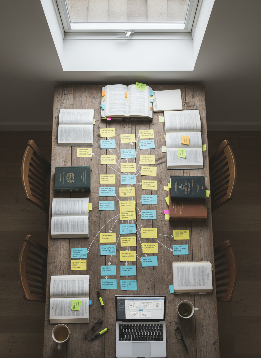 A long, rustic wooden table arranged like a visual outline of a complex blog series: colored index cards with typed headings about faith, history, and storytelling form branching paths, while printed chapter drafts, reference books with tagged pages, and a slim laptop at the far end indicate an organized, methodical process. Overhead, diffused overcast light from a skylight creates a soft, even illumination with almost no harsh shadows, perfect for extended study. The mood is structured yet imaginative, suggesting a professional writer mapping ideas with academic care. Photographic realism, captured from a high, almost bird’s-eye view to reveal the full layout, with crisp focus across the frame to highlight the thoughtful order of every element.