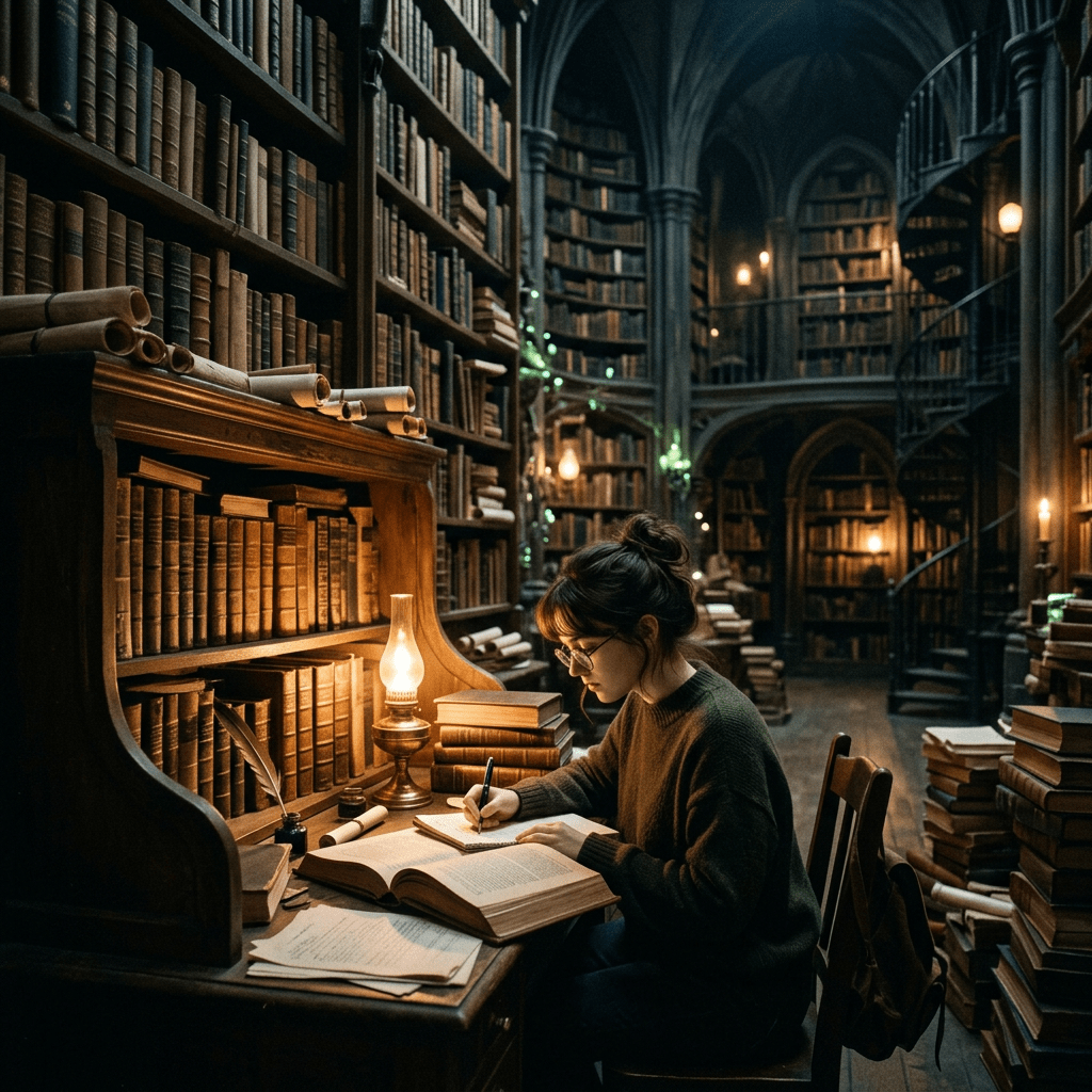 Young woman writing at a desk in a large historic library with shelves of old books and spiral staircase