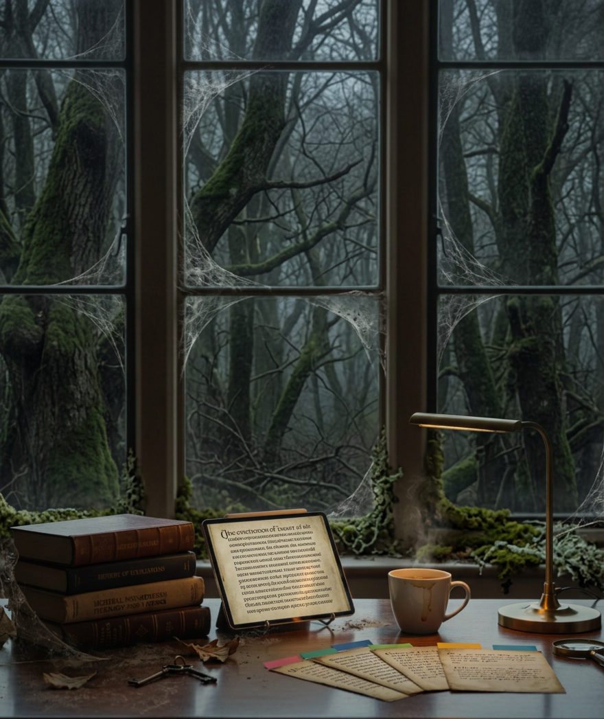 writing An orderly writing workspace featuring a large wooden table set before a tall, mullioned window that looks out on an indistinct historic townscape with church spires and old rooftops. On the table sit neatly stacked research books on history and faith, a tablet displaying a draft essay, and printed blog posts marked with colored tabs. A ceramic mug of tea releases a faint curl of steam beside a brass desk lamp, turned off to let cool morning light stream in. The mood is thoughtful and professional, suggesting disciplined scholarship. Photographic realism with a wide, slightly elevated composition, balanced by clean negative space, captures the full scene in sharp detail while allowing the outside world to fade into a soft, atmospheric blur.