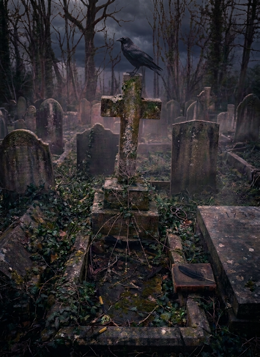 Haunted literary memorial in an overgrown cemetery Raven perched on a moss-covered cross among books and cemetery graves