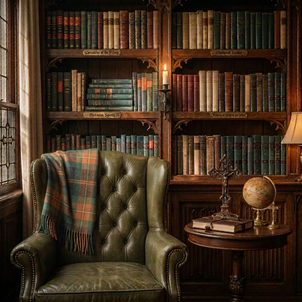 writing An ‘About the Writer’ scene conveyed without people: a high-backed upholstered chair facing a tall bookcase filled with carefully arranged volumes on theology, world history, and classic fiction, each spine crisp and legible. On a nearby side table sit a closed leather notebook, a pair of simple reading glasses, and a small brass cross resting beside a globe, implying vocation and global perspective. Late afternoon sunlight filters through sheer curtains, casting warm, diagonal bands of light across the shelves and chair. The atmosphere is dignified, reflective, and intentionally professional. Photographic realism with an eye-level, slightly off-center composition, moderate depth of field keeping foreground objects sharp while allowing the upper shelves to soften gently.