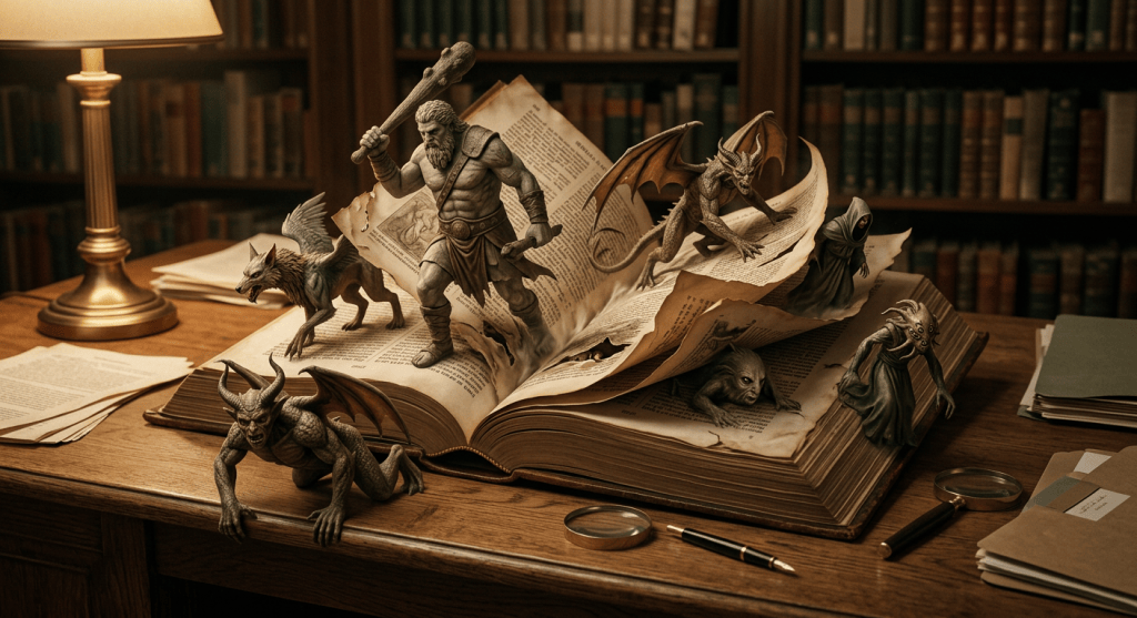 Fantasy creatures emerge from an open book in a library