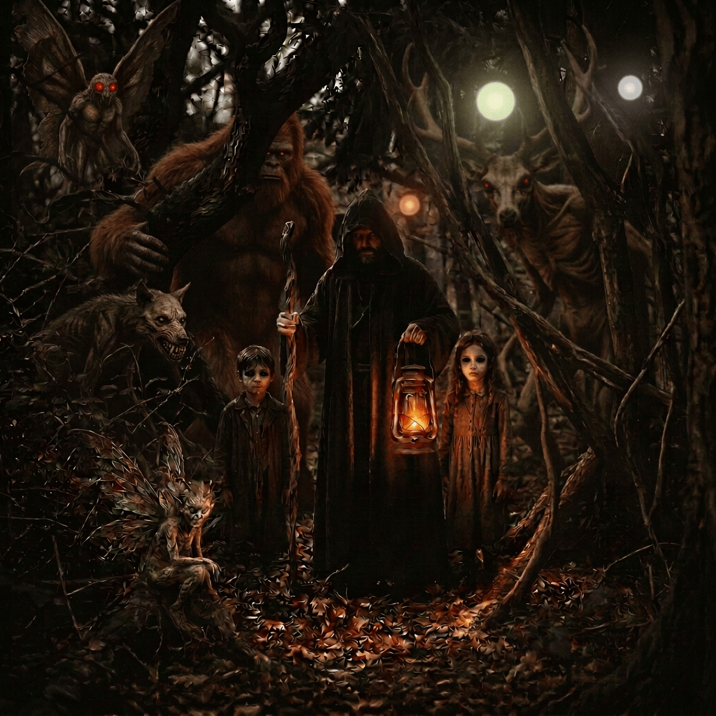 Hooded figure holding a staff and lantern in a dense forest